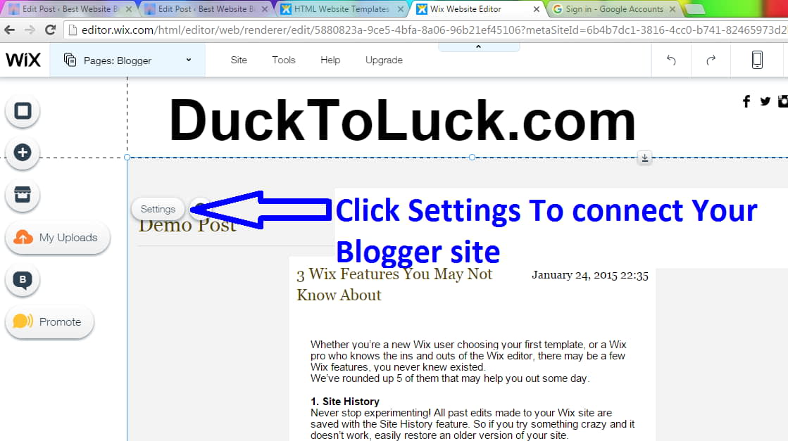 Click setting to add your blogger site in wix