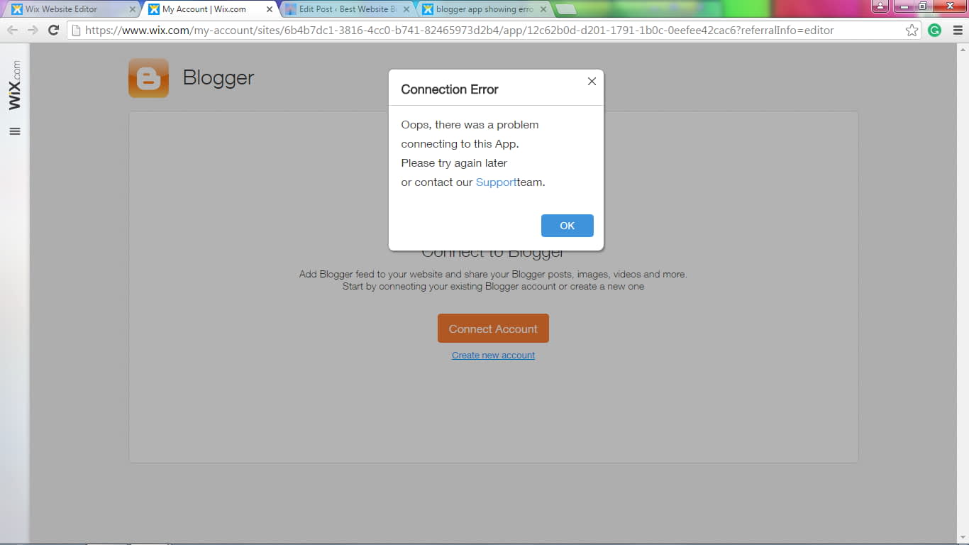 While connecting blogger to wix Connection error