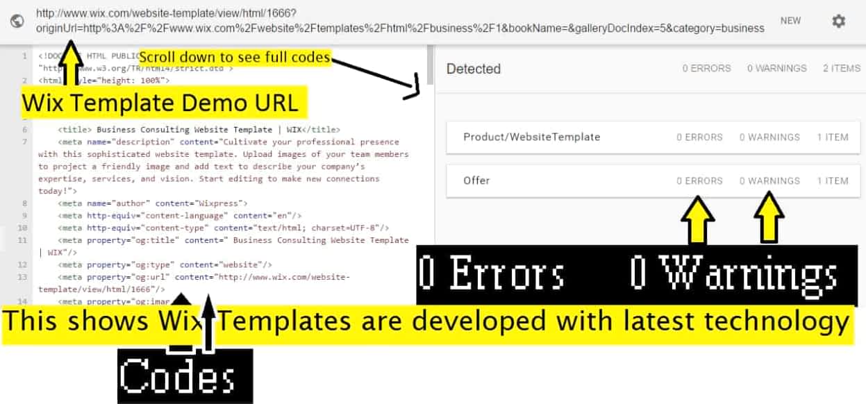 Wix example template google structural data test results showed 0 errors and 0 warnings.