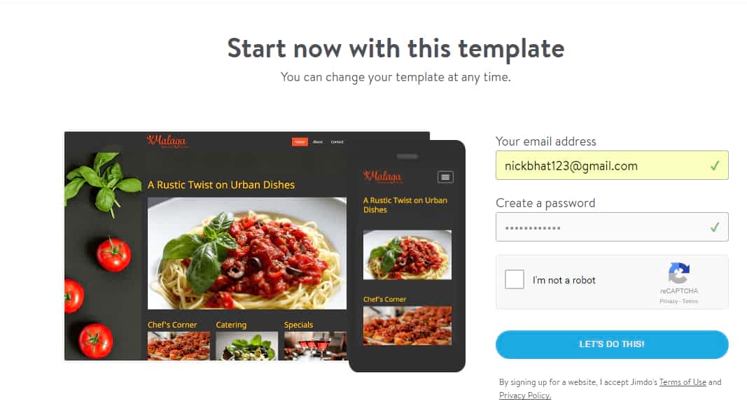 Create an account with jimdo to build a website. Enter your email & create a strong password.