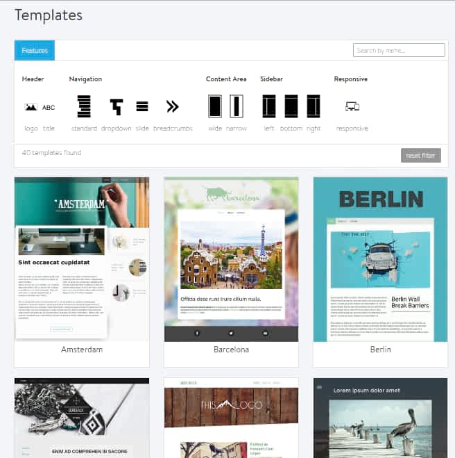 You can sort jimdo templates by category including header, footer, side-wide, title, drop-down etc