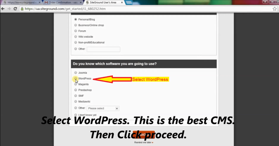 Select wordpress. It is easy to make social network website. Then click proceed
