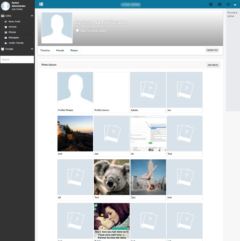 social profile, images, timeline and other settings