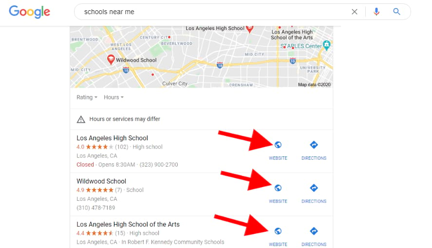 Google search results for school websites from Los Angeles