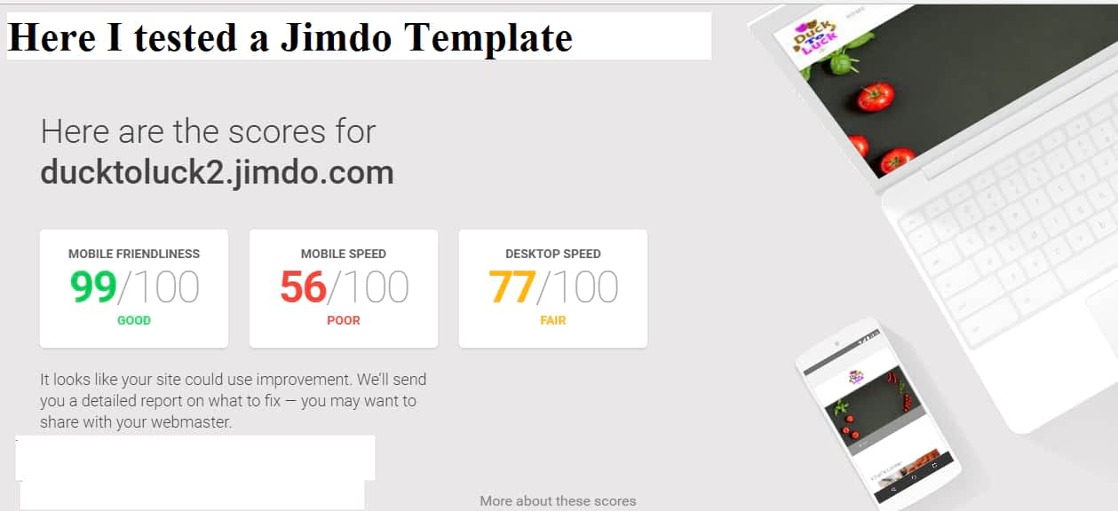Jimdo template mobile friendly test, mobile speed test result showed bad performance. Its responsiveness is good.