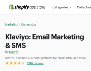 Klaviyo shopify app review rating is 4.0