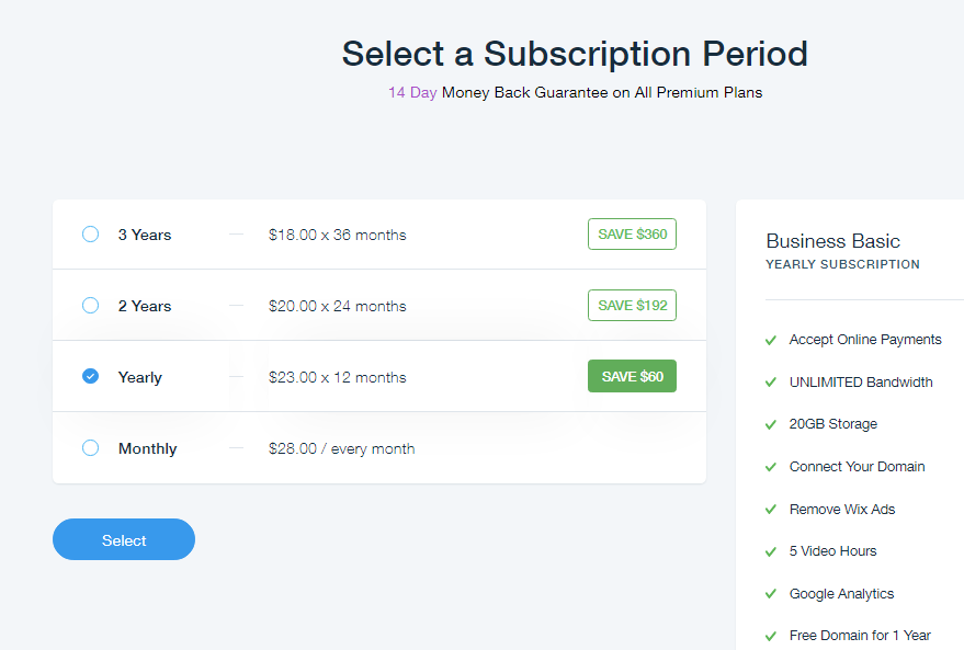 Select the subscription period as yearly