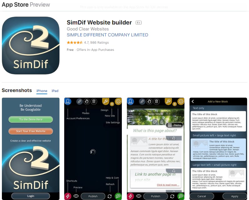 Simdif ipad website builder app