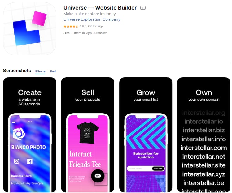 Universe website builder ipad & iPhone app