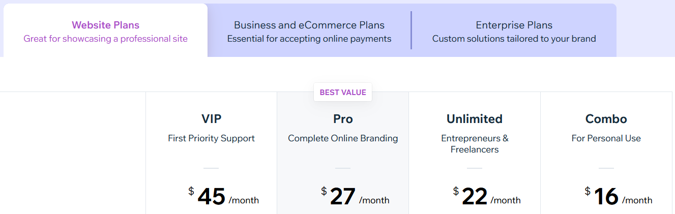 Wix pricing for website plans