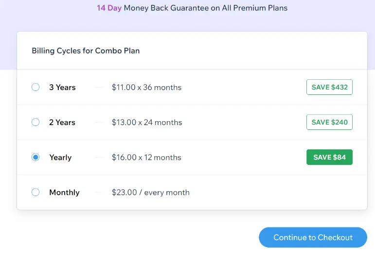 Wix combo plan pricing variation with billing cycle