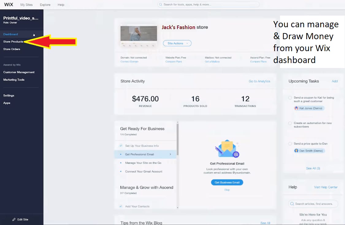 Wix drop shipping Prinful dashboard and online store earnings & management