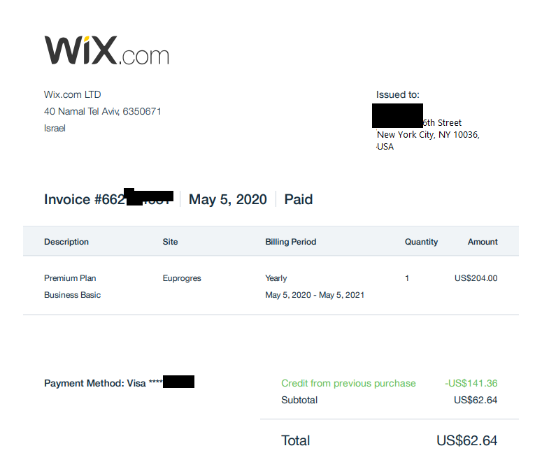 Wix plan change getting the previous credit invoice
