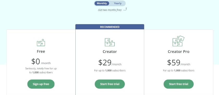 Convertkit Pricing Screenshot