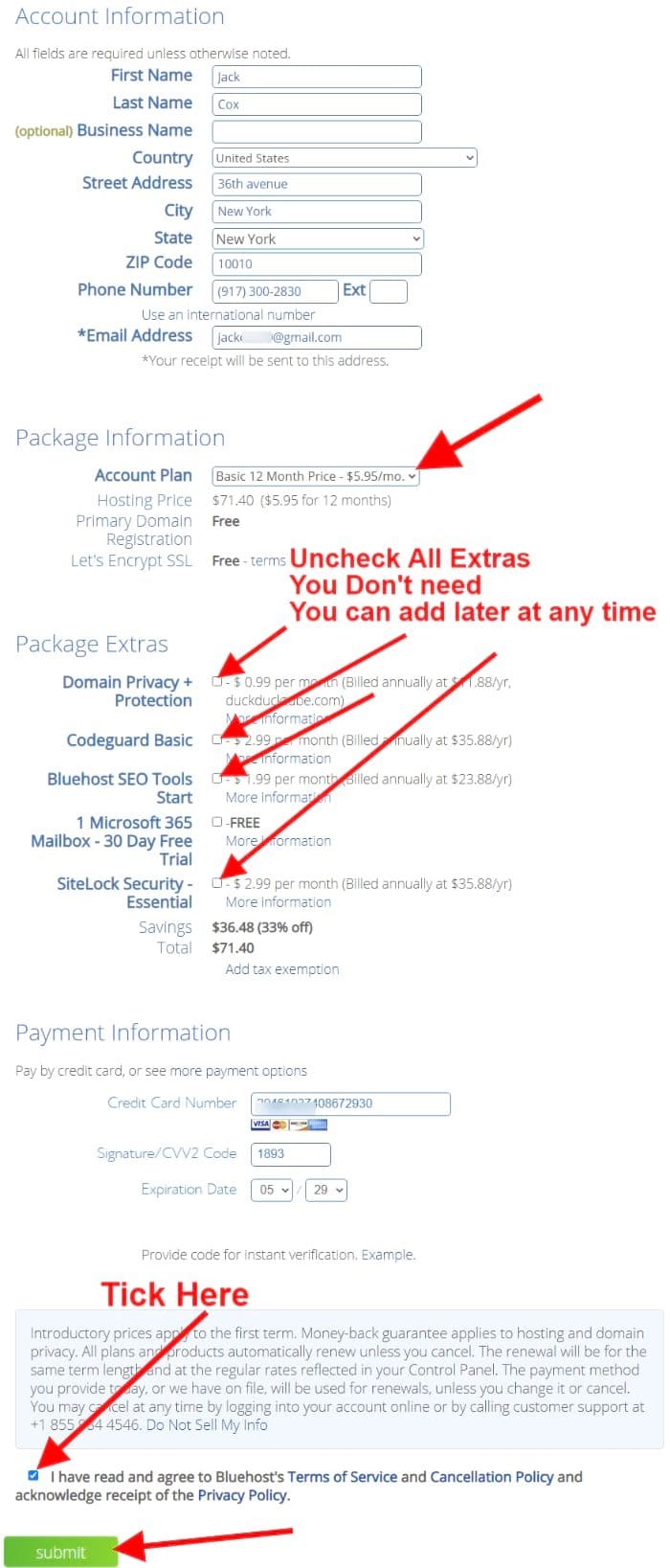 compila i tuoi dati effettua il pagamento per ottenere hosting e dominio